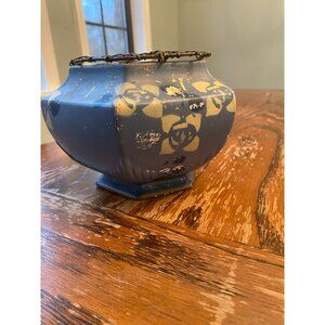 Vintage Blue Rubikat Ware Floral Hexagonal Vase With Antique Wire Frog Insert